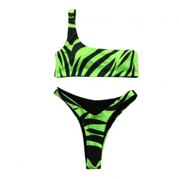High waist women's swimming suit Women Printed Skew Collar Bikini Push-Up Padded Swimwear Swimsuit Beachwear Set C4